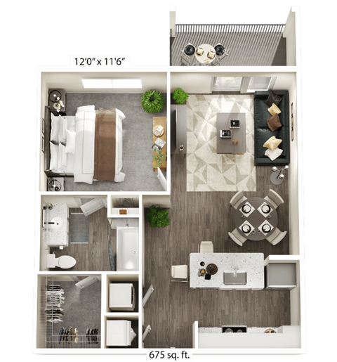 Floor plan for 1 bed, 1 bath, 675 sqft